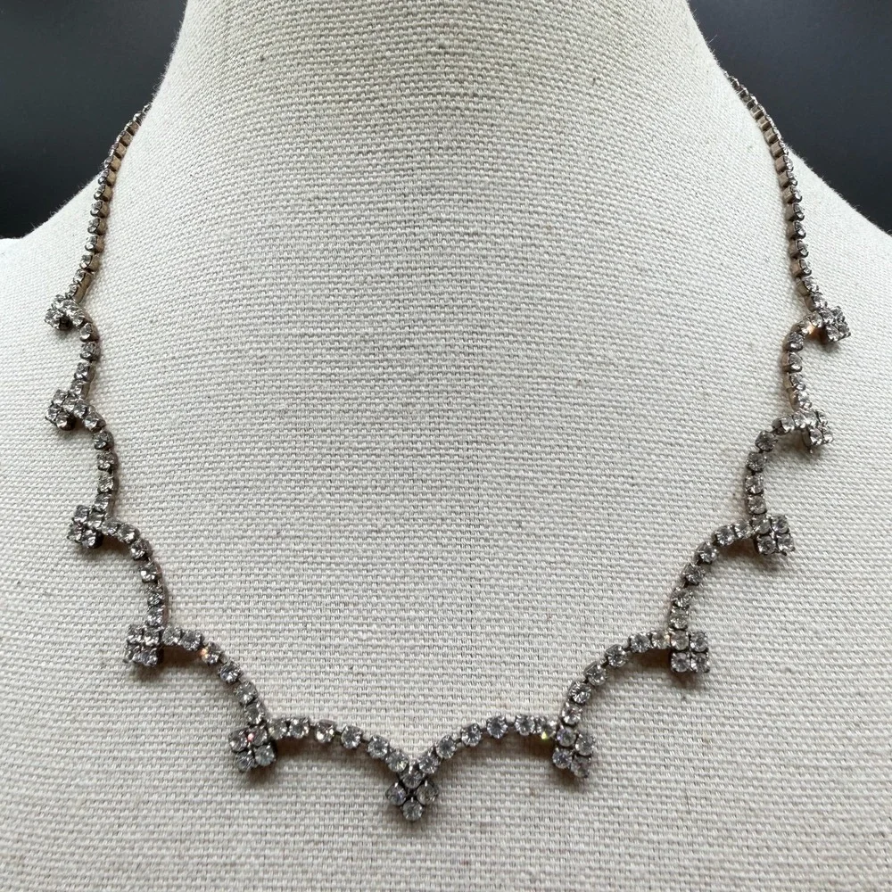 Clear Rhinestone Scalloped Choker Necklace Silver Tone Bridal Wedding Statement